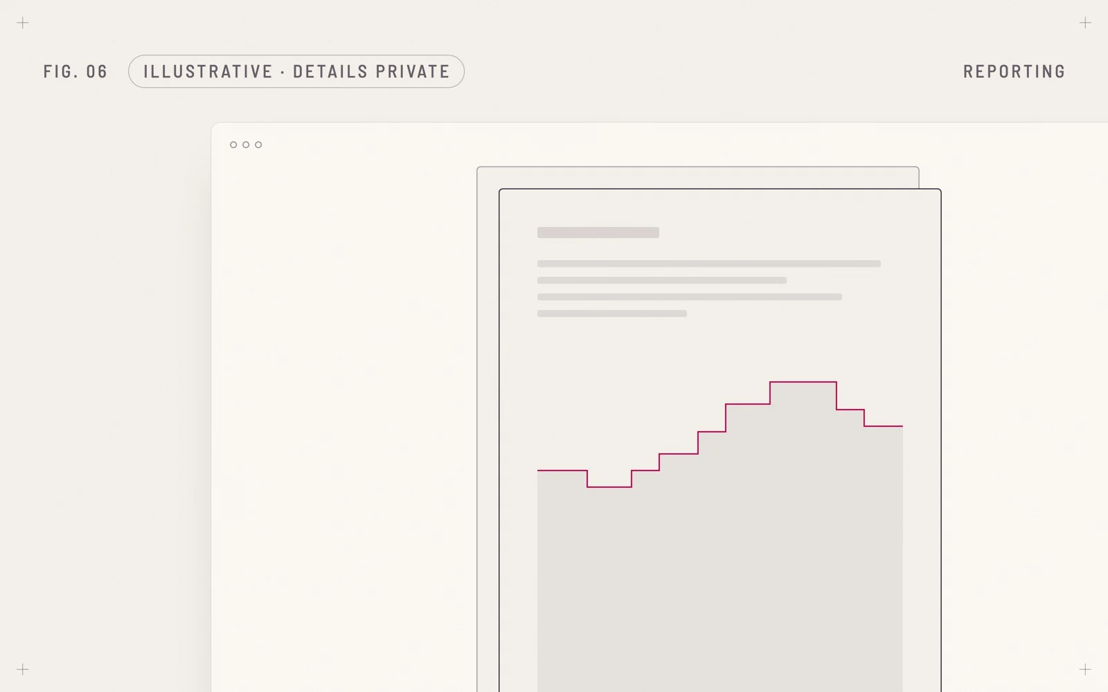 Illustrative figure: two stacked sheets with a stepped shape, its top edge in crimson.